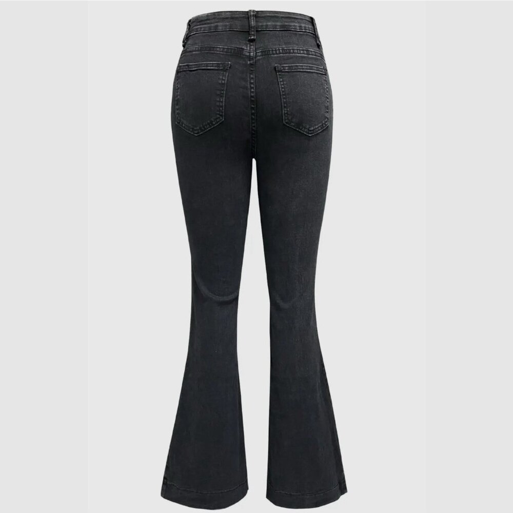 Women Flared Black Jeans Size L High Waist Button Closure Front pockets Stretch - Picture 5 of 7